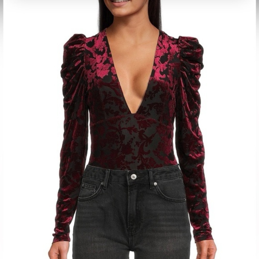 Free People Bodysuit Velvet Burnout Burgundy Black XS Boho Whimsigoth Victorian
